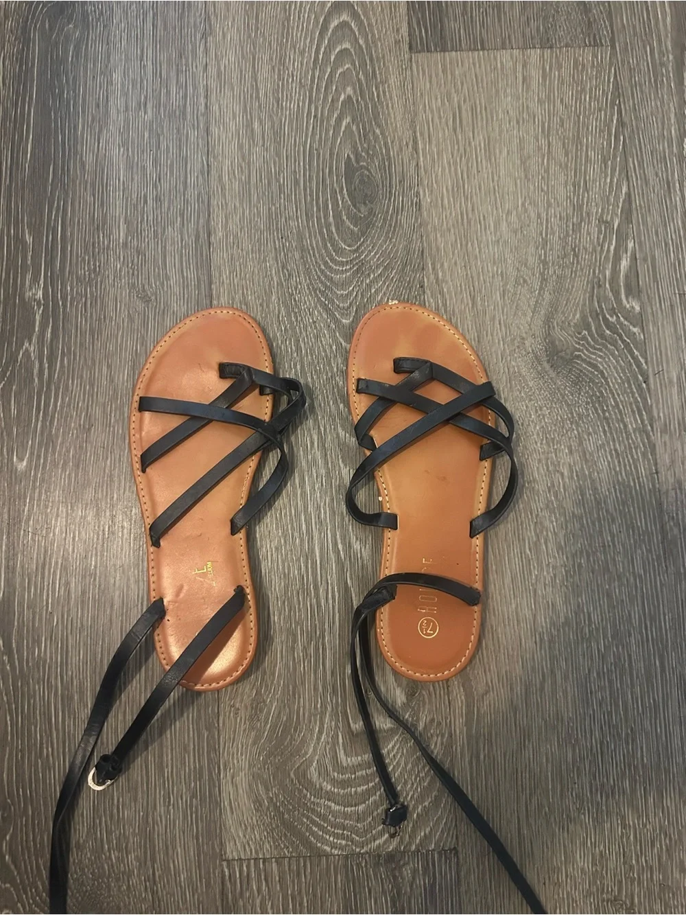 Women’s Black Strappy Lace-Up Flat Sandals with Tan Footbed